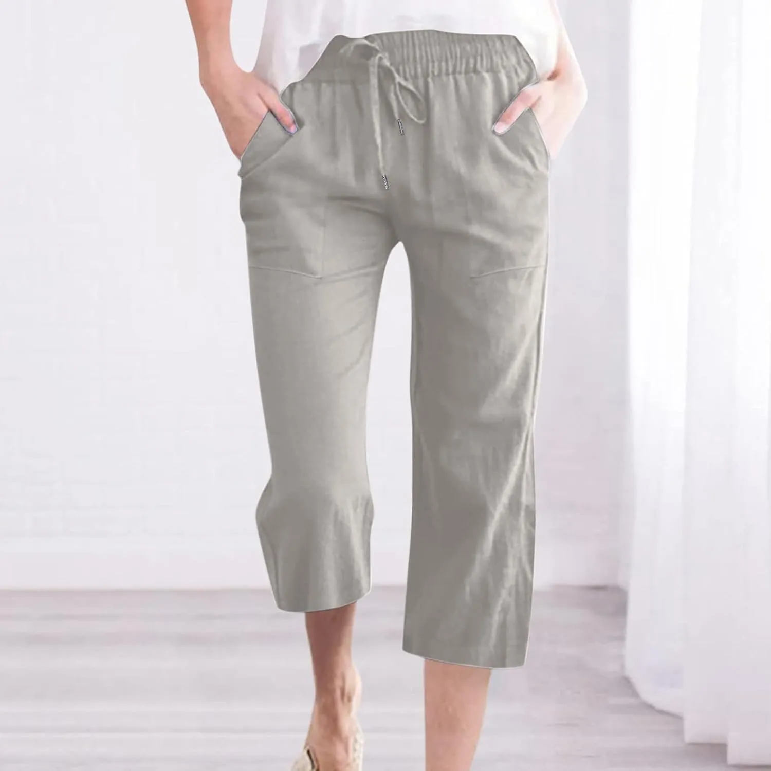 Womens Linen Pants Casual High Waisted Wide Leg Capri Pants Baggy Elastic Drawstring Trousers Summer Beach Trouser