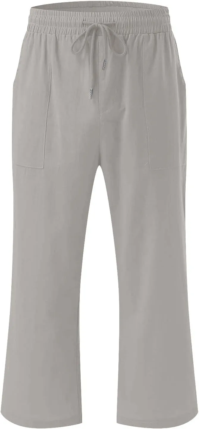 Womens Linen Pants Casual High Waisted Wide Leg Capri Pants Baggy Elastic Drawstring Trousers Summer Beach Trouser