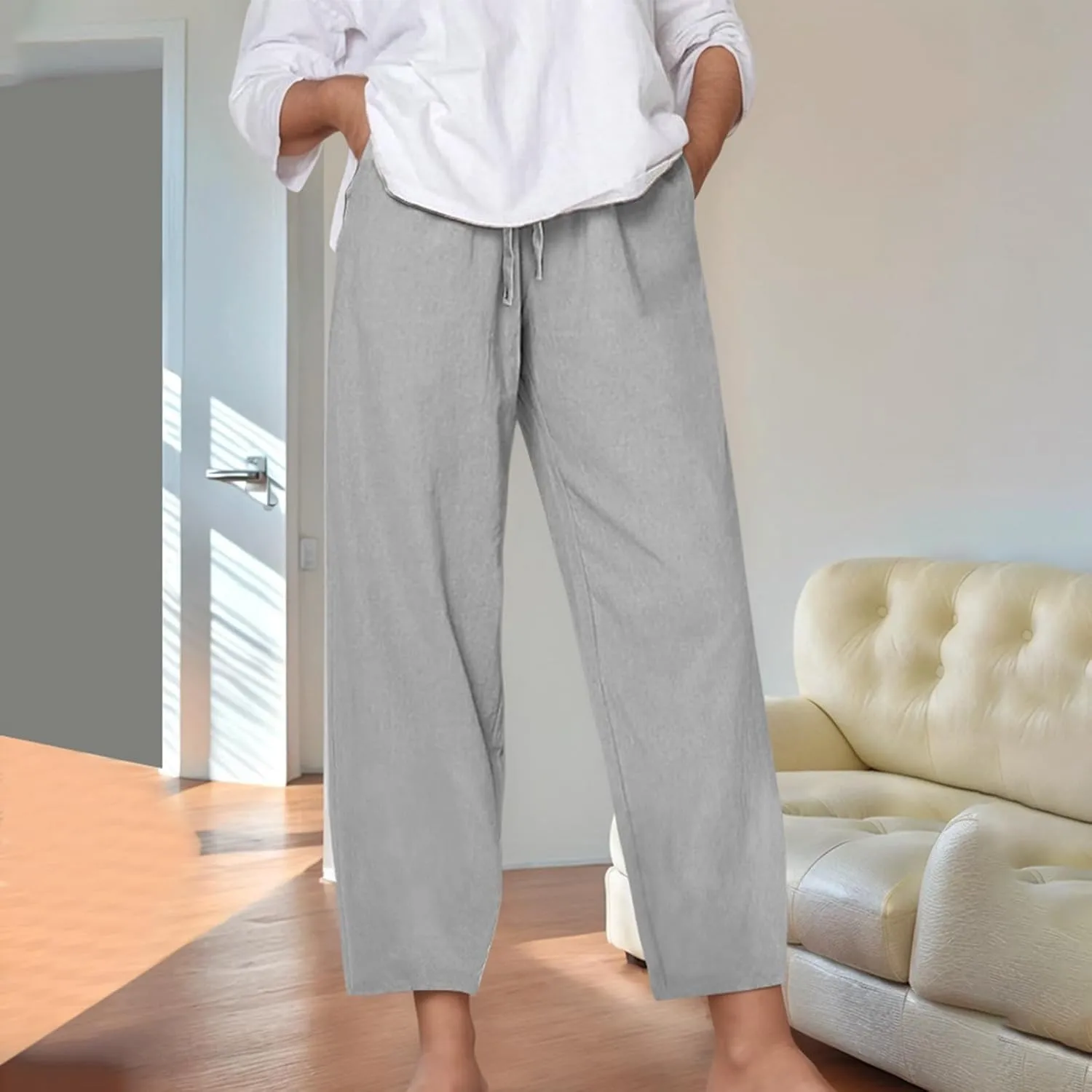 Women's Linen Pants Casual Summer Loose Fit Solid Color Boho Plus Size High Waist Linen Pants Straight Trousers with Pockets
