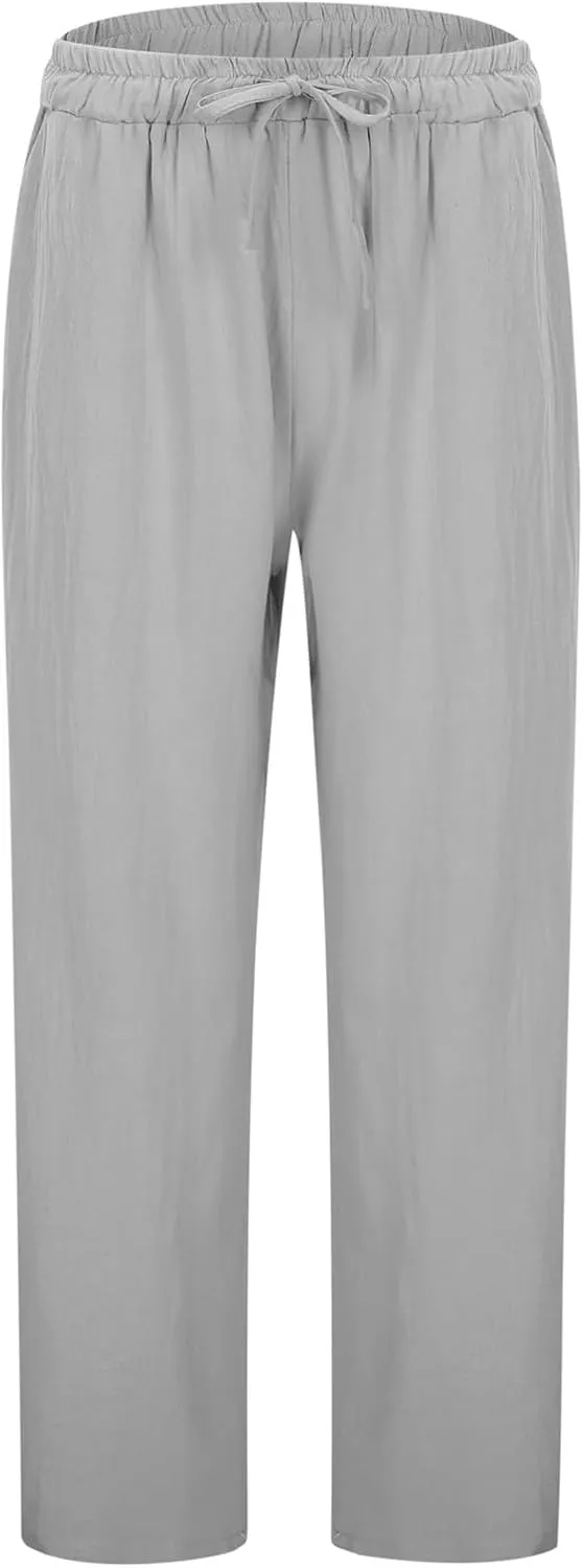 Women's Linen Pants Casual Summer Loose Fit Solid Color Boho Plus Size High Waist Linen Pants Straight Trousers with Pockets