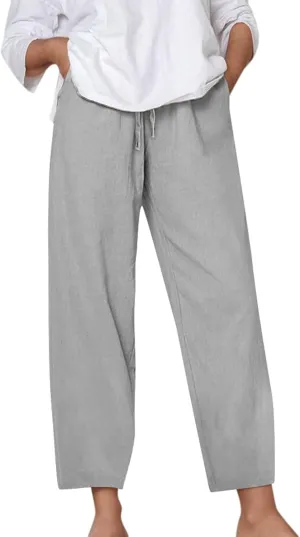 Women's Linen Pants Casual Summer Loose Fit Solid Color Boho Plus Size High Waist Linen Pants Straight Trousers with Pockets