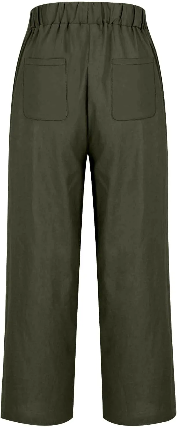 Womens Linen Pants Casual Wide Leg Pants Summer Palazzo Pants Loose Beach Pants Elastic Trousers with Pockets