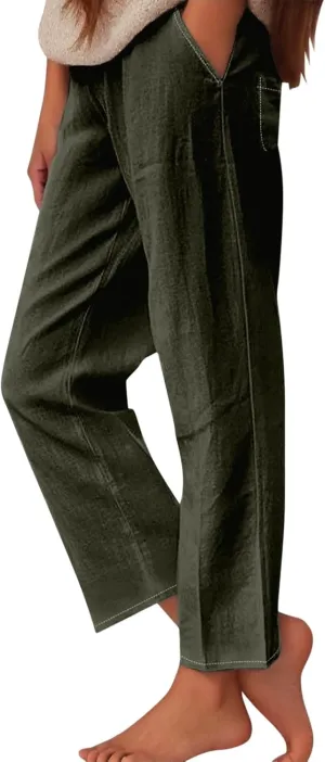 Womens Linen Pants Casual Wide Leg Pants Summer Palazzo Pants Loose Beach Pants Elastic Trousers with Pockets