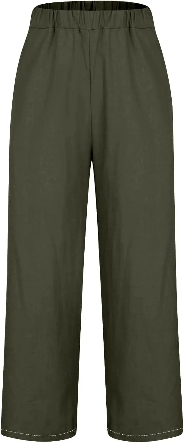 Womens Linen Pants Casual Wide Leg Pants Summer Palazzo Pants Loose Beach Pants Elastic Trousers with Pockets