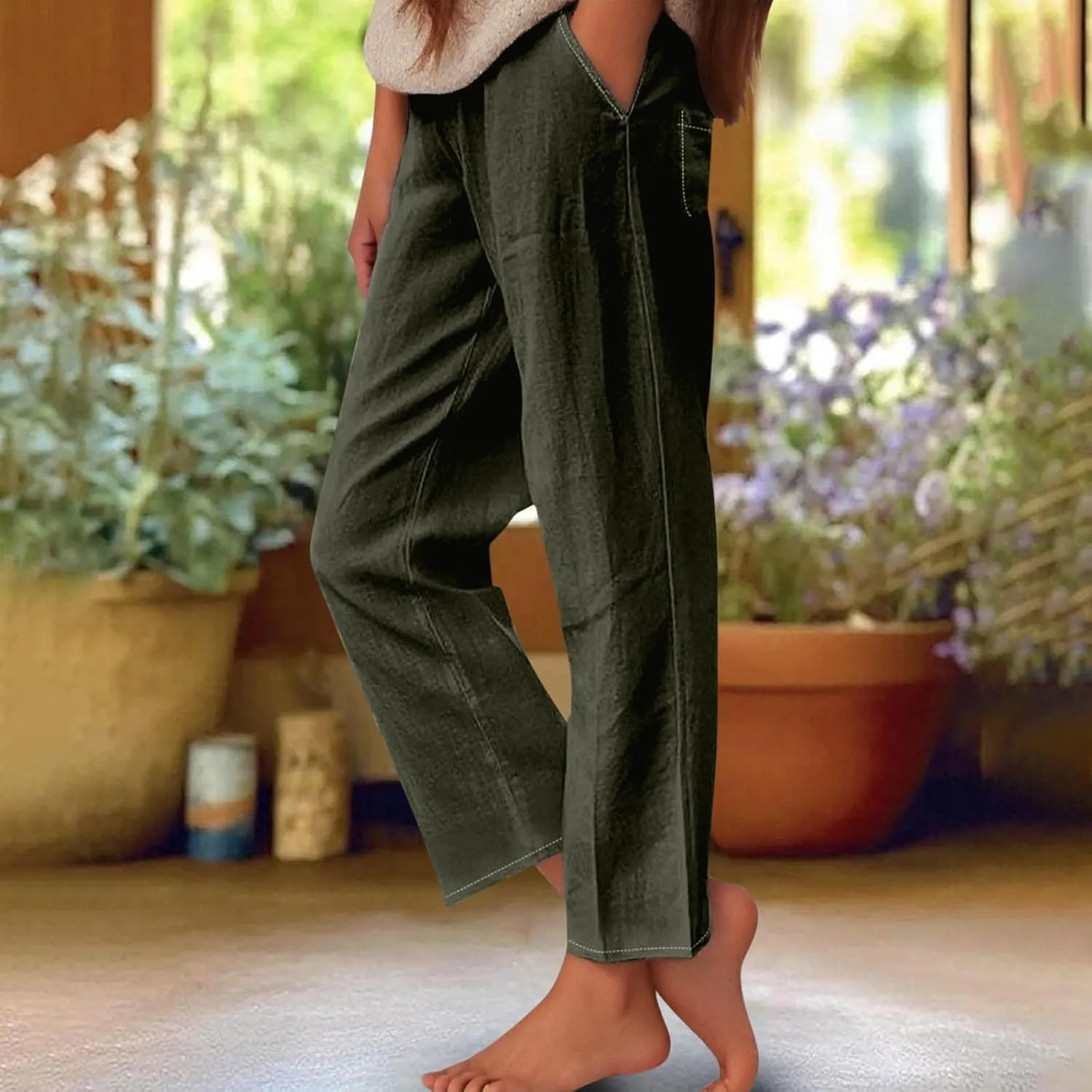 Womens Linen Pants Casual Wide Leg Pants Summer Palazzo Pants Loose Beach Pants Elastic Trousers with Pockets