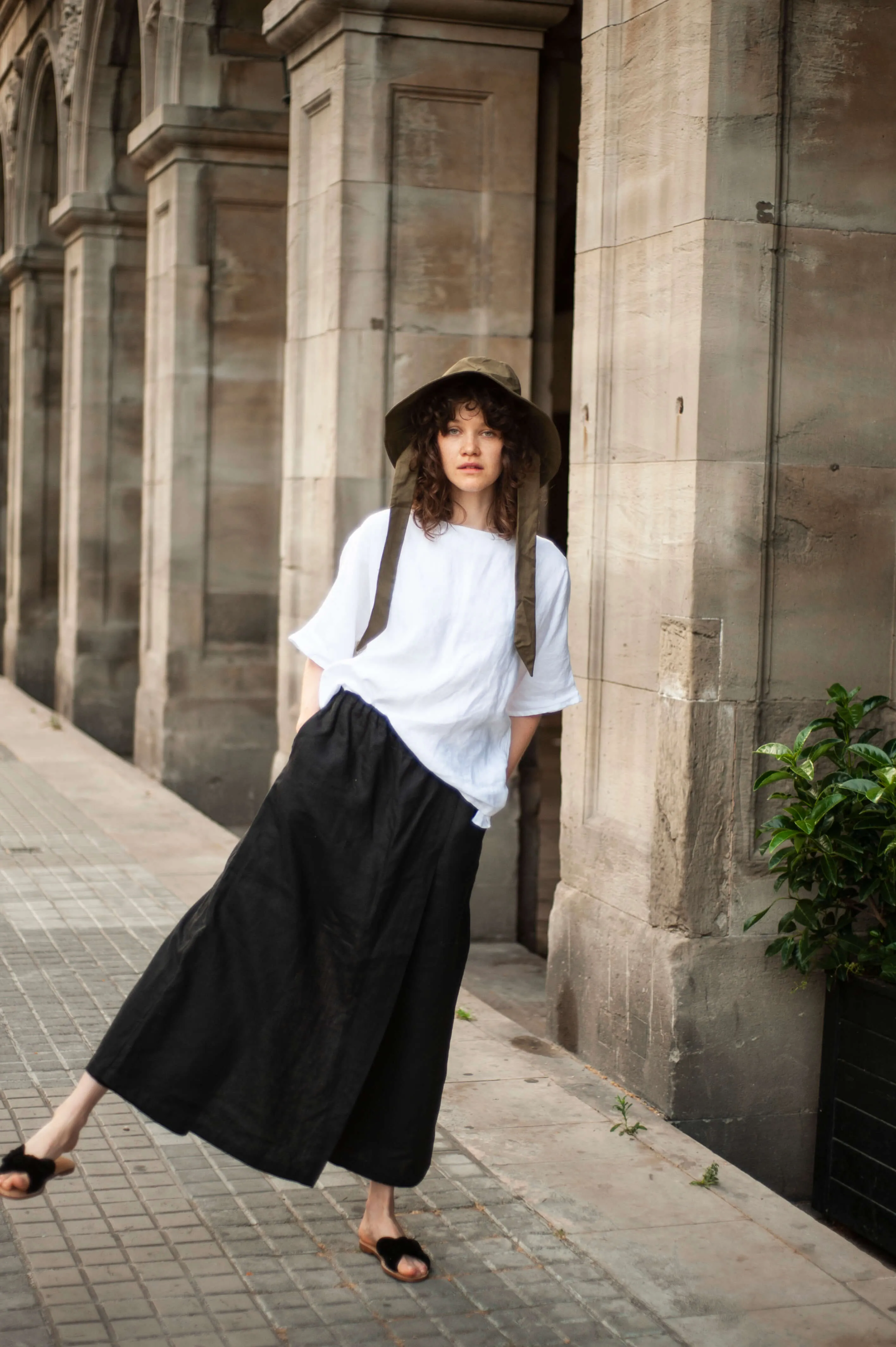 Women's linen wide leg palazzo pants AIKO with skirt detail