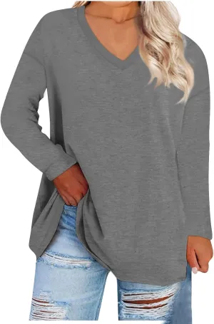 Womens Long Sleeve Tops Oversized V Neck Sweatshirts Casual Trendy Shirts Fall Winter Clothes 2024