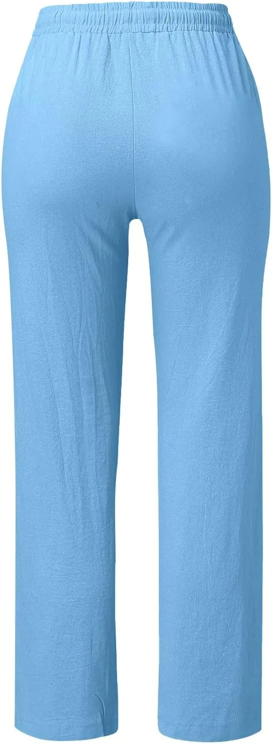 Womens Loose Straight Leg Linen Pants Lightweight Summer High Waist Trousers Drawstring Casual Work Sports Pant Plus