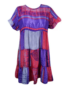 Womens Short Shift Dress, Pink Violet Soft Silk Casual Tiered Dresses M
