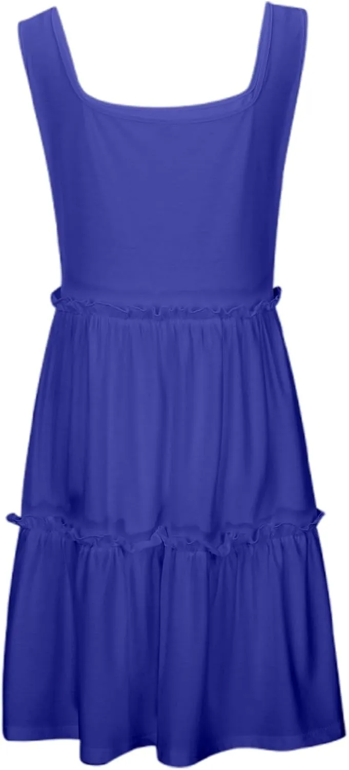 Womens Summer Casual Square Neck A Line Mini Dress Flowy Tiered Sleeveless Sundresses Beach Beach Dresses for