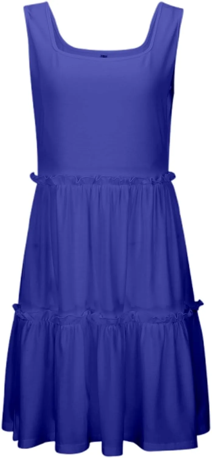 Womens Summer Casual Square Neck A Line Mini Dress Flowy Tiered Sleeveless Sundresses Beach Beach Dresses for